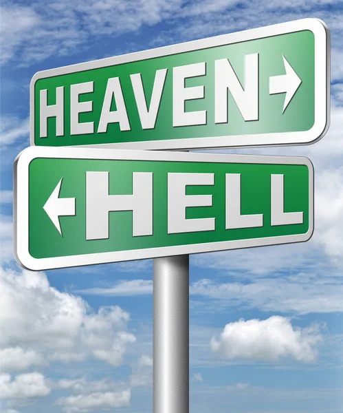 Himlen Eller Helvetet Styrelser Vägmärket Mot Molnig Himmel Bakgrund — Stockfoto