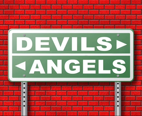 Devils Angels Road Sign Brick Wall Background — Stock Photo, Image