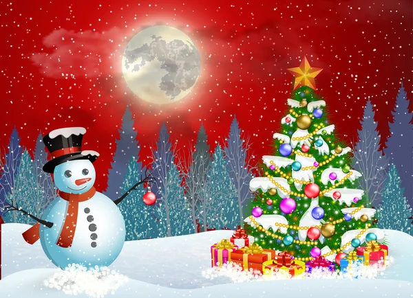 Lindo muñeco de nieve decorando un árbol de Navidad — Vector de stock