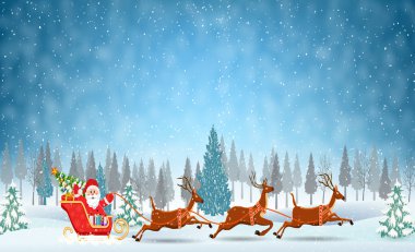 Noel Baba ve Ren geyiklerinin karda resmedilmiş hali