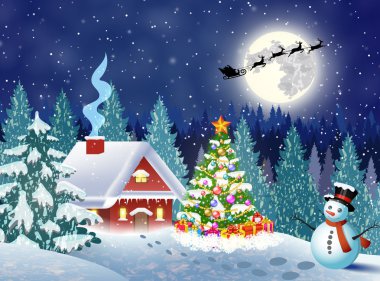 Karlı Noel manzaralı bir ev Geceleyin