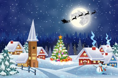 Karlı Noel manzaralı bir ev Geceleyin