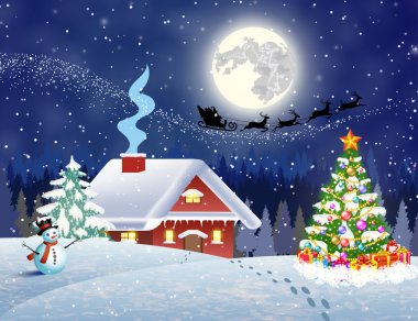 Karlı Noel manzaralı bir ev Geceleyin