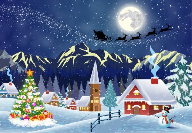 Karlı Noel manzaralı bir ev Geceleyin