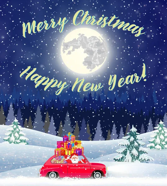 Дизайн різдвяної листівки автомобіля з деревом зверху — стоковий вектор