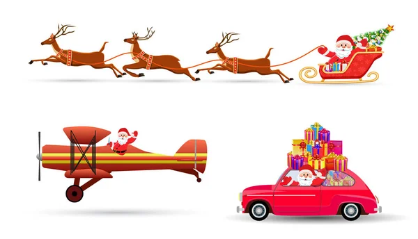サンタクロースが鹿と一緒に飛んでいるベクトル図 — ストックベクタ