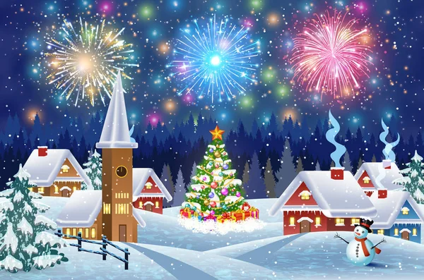 Будинок у сніжному різдвяному пейзажі вночі — стоковий вектор