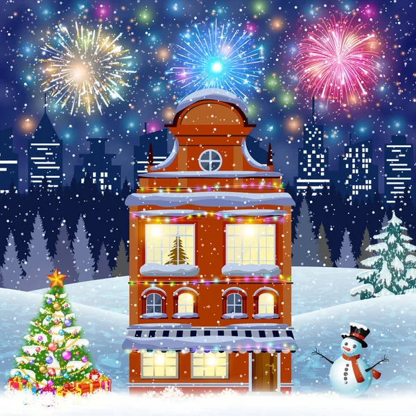 Мультяшна ретро весела різдвяна нічна ілюстрація фасадів міських будинків — стоковий вектор