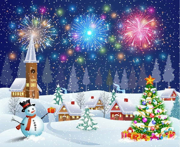 Дом в снежном рождественском пейзаже ночью — стоковый вектор