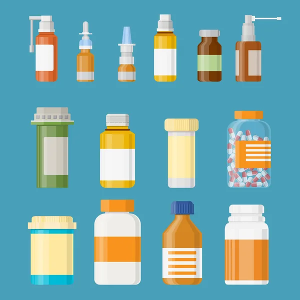 Conjunto de frascos de medicamentos con etiquetas y pastillas . — Vector de stock