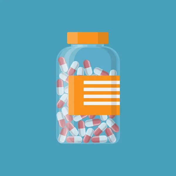 Glasbehälter mit Kapseln medizinischer Tabletten. — Stockvektor