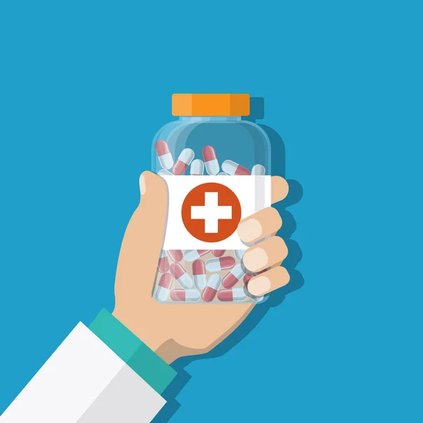 Frasco de medicamento com cruz vermelha na mão de um médico — Vetor de Stock
