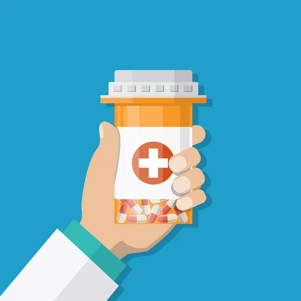 Medicine bottle with red cross in hand of a doctor — Stock Vector