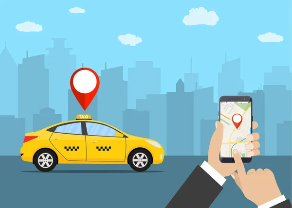 Mains avec smartphone et application de taxi — Image vectorielle