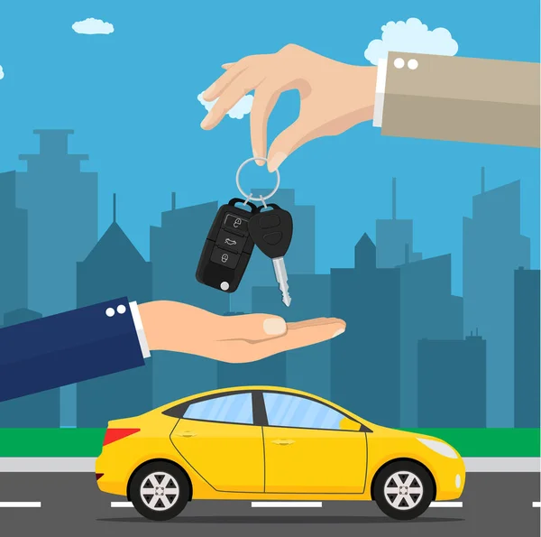 Αυτοκίνητο πωλητής χέρι δίνει το κλειδί στον αγοραστή — Διανυσματικό Αρχείο
