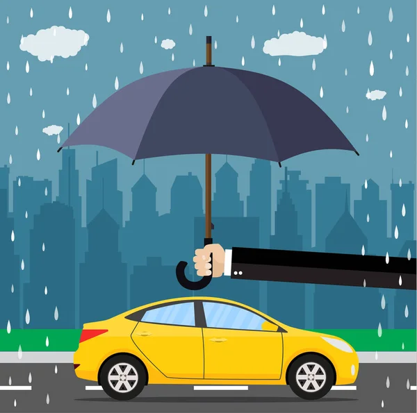 Hand met paraplu die auto beschermt. — Stockvector