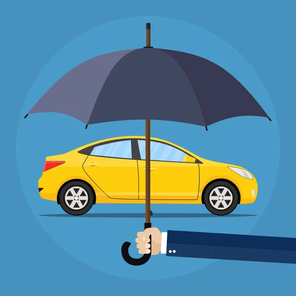 Mano con paraguas que protege el coche — Vector de stock
