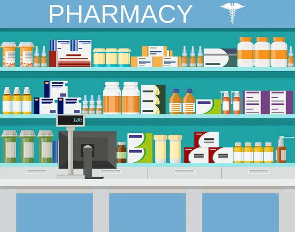 Farmacia interior moderna y farmacia . — Vector de stock