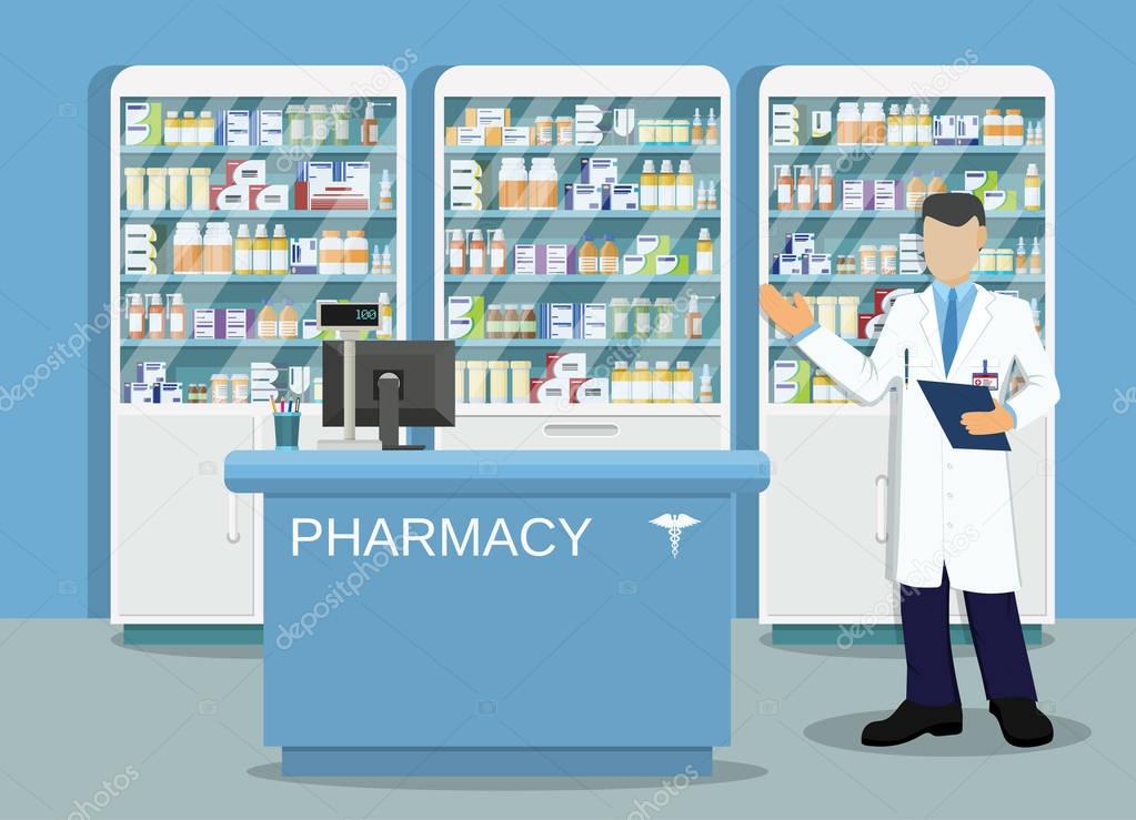 Modern interior pharmacy or drugstore with male pharmacist at the counter. Medicine pills capsules bottles vitamins and tablets. vector illustration in flat style