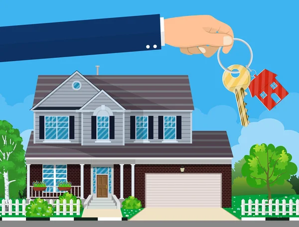 Mão com chave de casa e casa de campo — Vetor de Stock