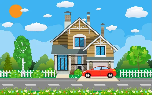 Private suburban house with car, — Stock Vector