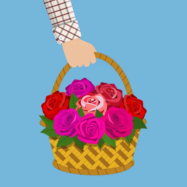 束在篮子里的玫瑰 — 图库矢量图片