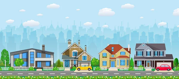 Private suburban houses with car, — Stock Vector