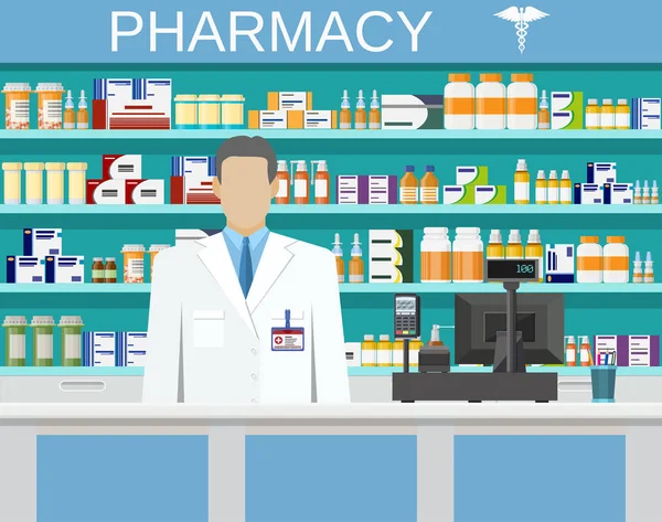 Modern interior pharmacy or drugstore — Stock Vector