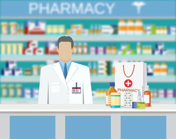 Modern interior pharmacy or drugstore. — Stock Vector