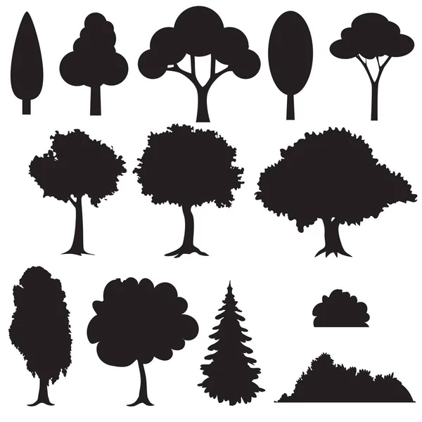 Set van verschillende gestileerde bomen in silhouet. — Stockvector