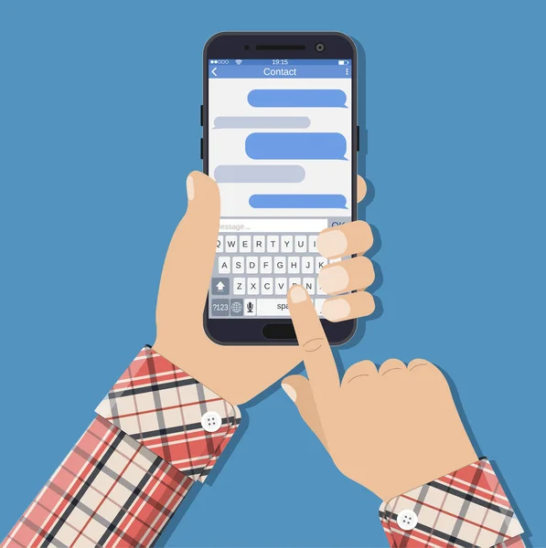 Mãos segura smartphone com aplicativo sms de mensagens . — Vetor de Stock