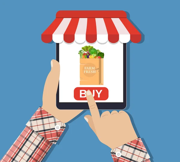 Online τροφίμων ψώνια, smartphone. — Διανυσματικό Αρχείο