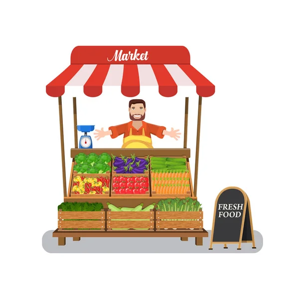 Market stall with salesman trading vegetables. — Stock Vector