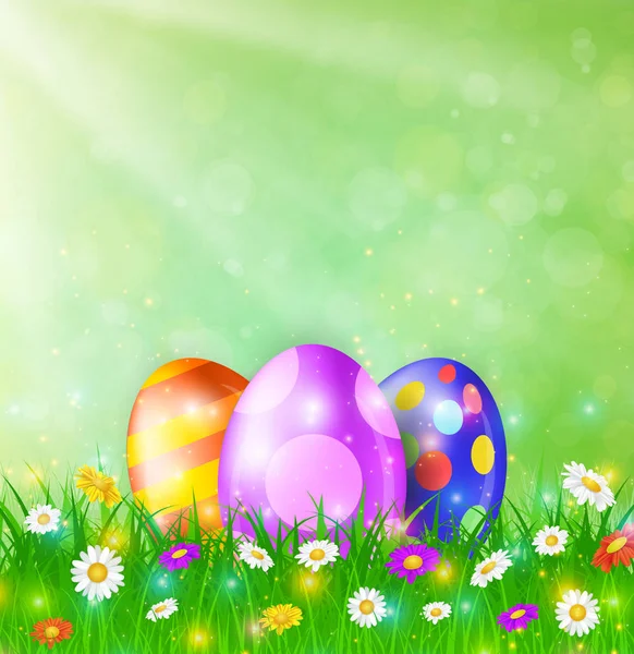 Happy Easter Card with Eggs, Grass, Flowers — Stock Vector