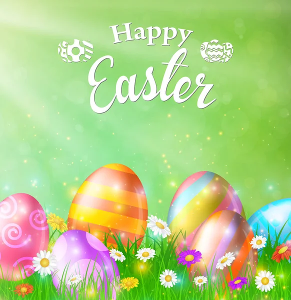 Happy Easter Card met eieren, gras, bloemen — Stockvector