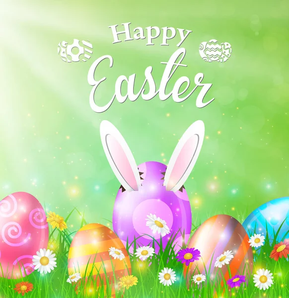 Καλό Πάσχα κάρτα με αυγά, γρασίδι, λουλούδια — Διανυσματικό Αρχείο