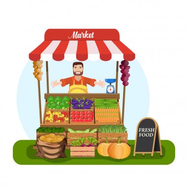 Market stall with salesman trading vegetables. clipart