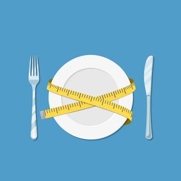 Plate with measuring tape, fork and knife — Stock Vector