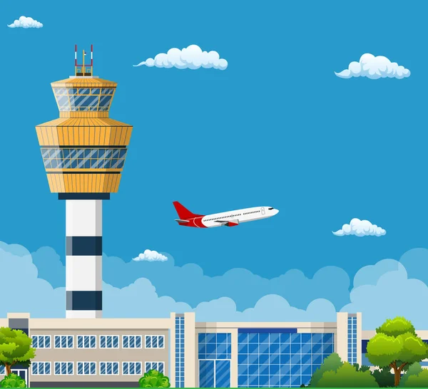 Terminal de aeropuerto con torre de control — Vector de stock