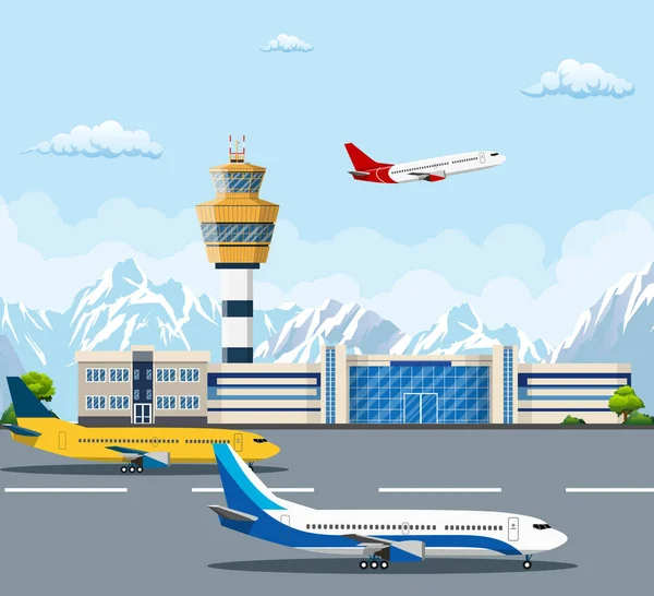 Edificio del aeropuerto y aviones — Vector de stock
