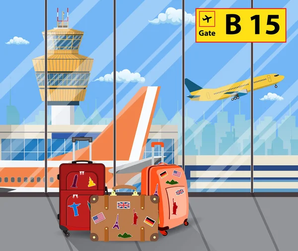 旅行行李箱在机场的一架飞机, — 图库矢量图片