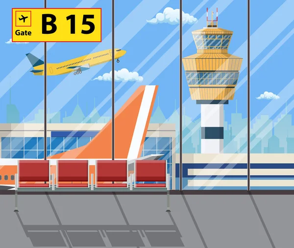 Letištní terminál s sedadla, letadlo, řídící věž — Stockový vektor