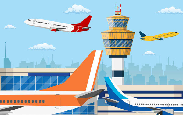 airport control tower and flying civil airplane