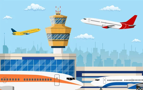 Torre de control del aeropuerto y avión civil volador — Vector de stock