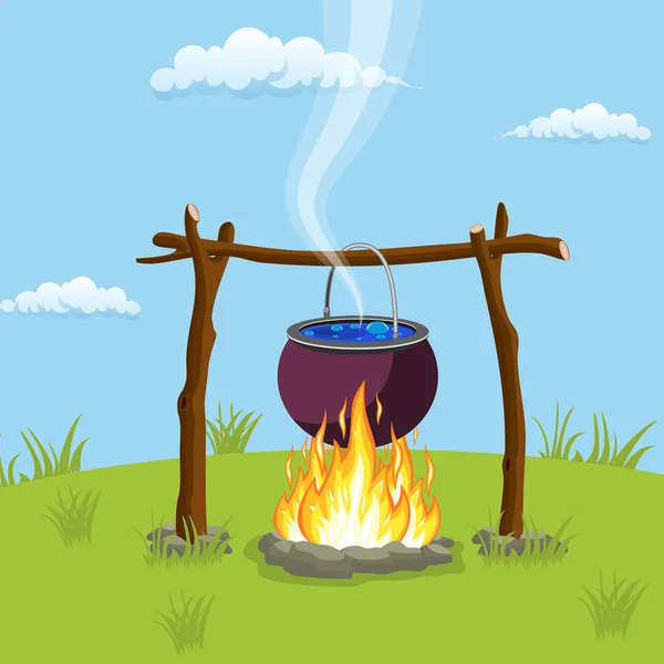 Black camping pot over a bonfire — Stock Vector