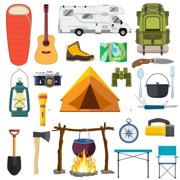 Ensemble vectoriel d'éléments de camping. — Image vectorielle