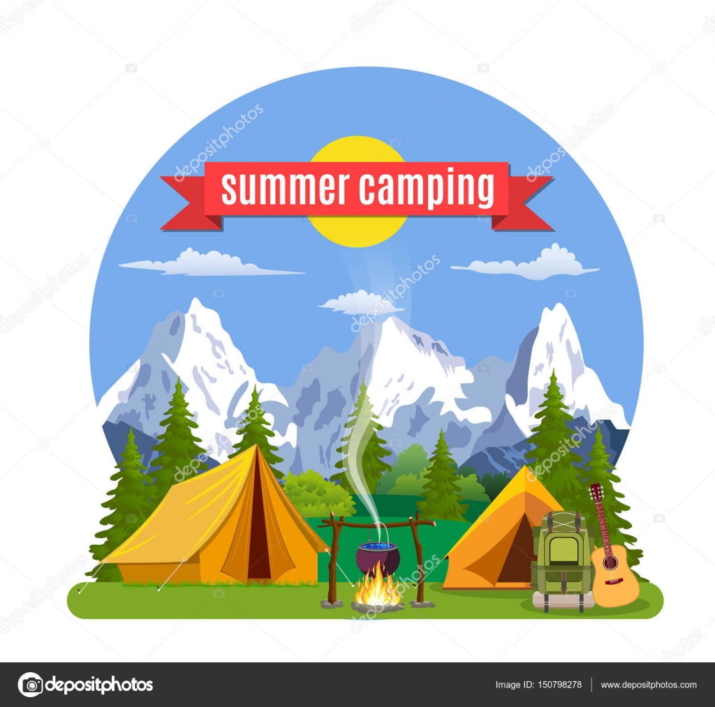 Summer camp. Landscape with yellow tent, Stock Vector Image by ©drogatnev  #150798278