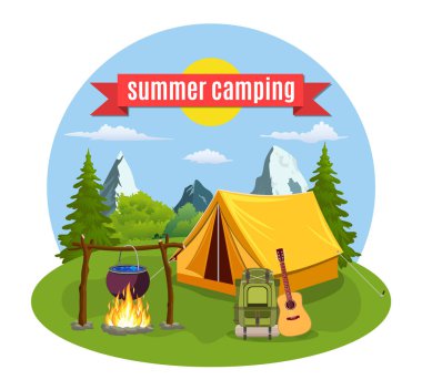 Yaz kampı. Sarı çadırlı manzara,