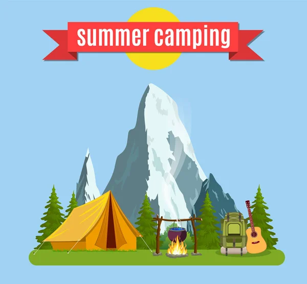 夏令营。带黄色帐篷的景观, — 图库矢量图片