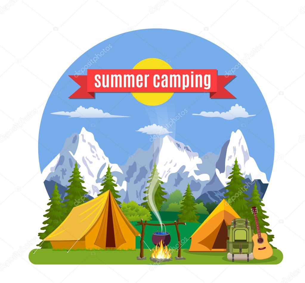 Summer camp. Landscape with yellow tent,
